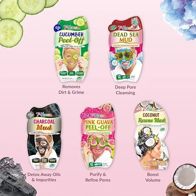 7th Heaven Pamper Hamper Skincare Set - 9 x Face Masks Skincare, 1 x Hair Masks for Dry Damaged Hair and 1 x Body Puff - Gift Set of Peel Off Face Masks & Clay Face Mask Sachets