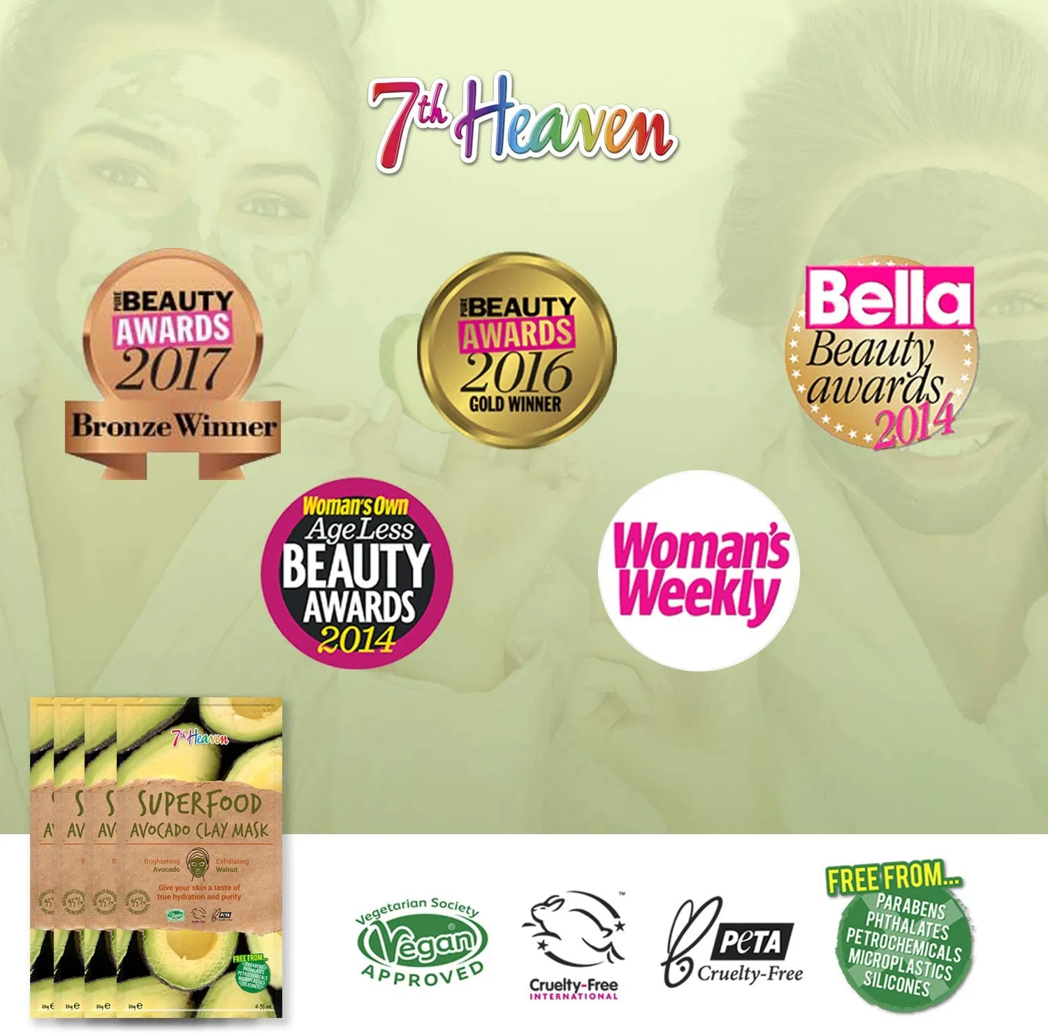7th Heaven Superfood Avocado Clay Mask, Brightening and Exfoliating Mask with Avocado and Walnut for a Deep Pore Cleanse - Suitable for All Skin Types, 10g