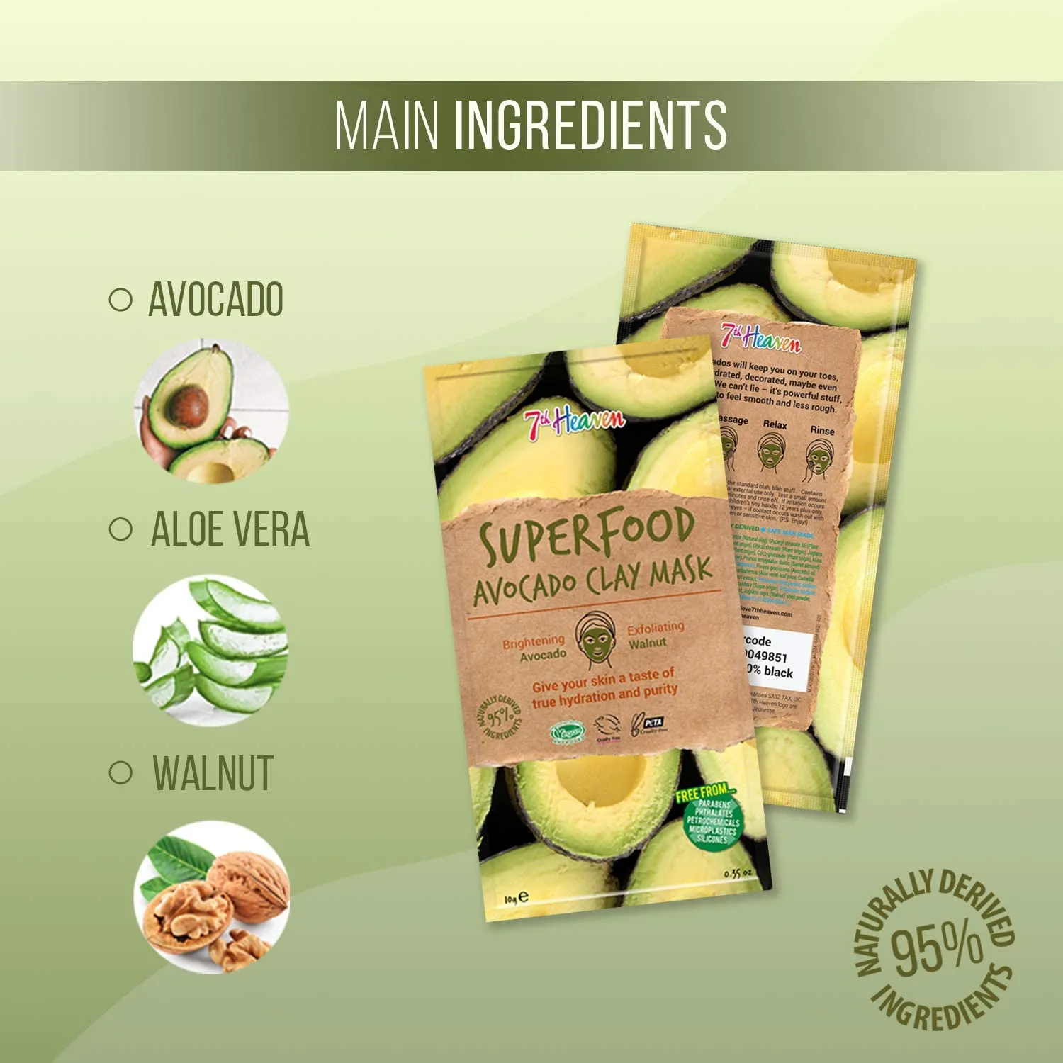 7th Heaven Superfood Avocado Clay Mask, Brightening and Exfoliating Mask with Avocado and Walnut for a Deep Pore Cleanse - Suitable for All Skin Types, 10g