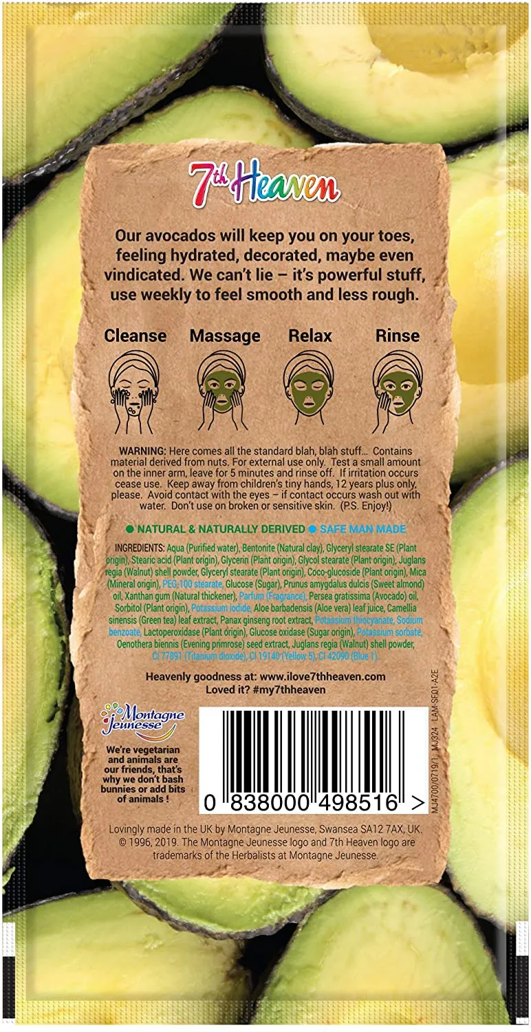 7th Heaven Superfood Avocado Clay Mask, Brightening and Exfoliating Mask with Avocado and Walnut for a Deep Pore Cleanse - Suitable for All Skin Types, 10g