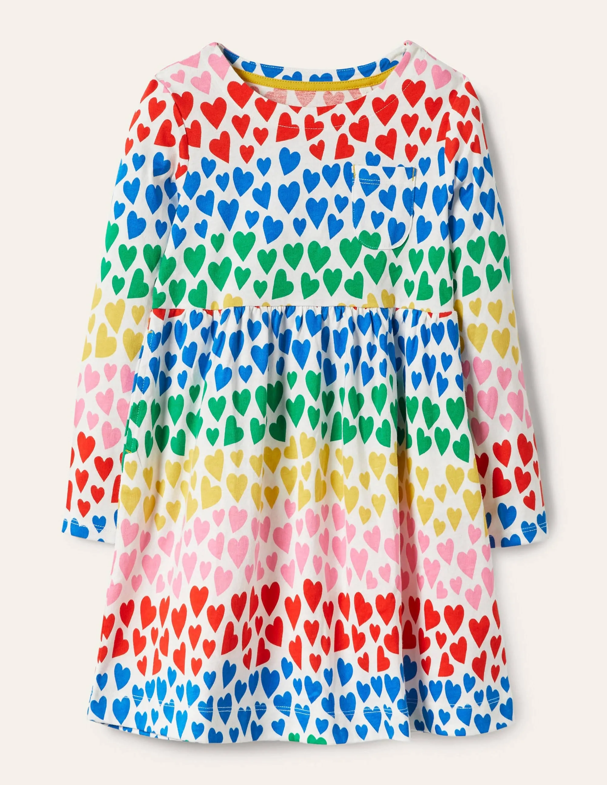 Long Sleeve Fun Jersey Dress-Multi Rainbow Hearts