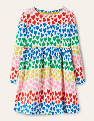 Long Sleeve Fun Jersey Dress-Multi Rainbow Hearts