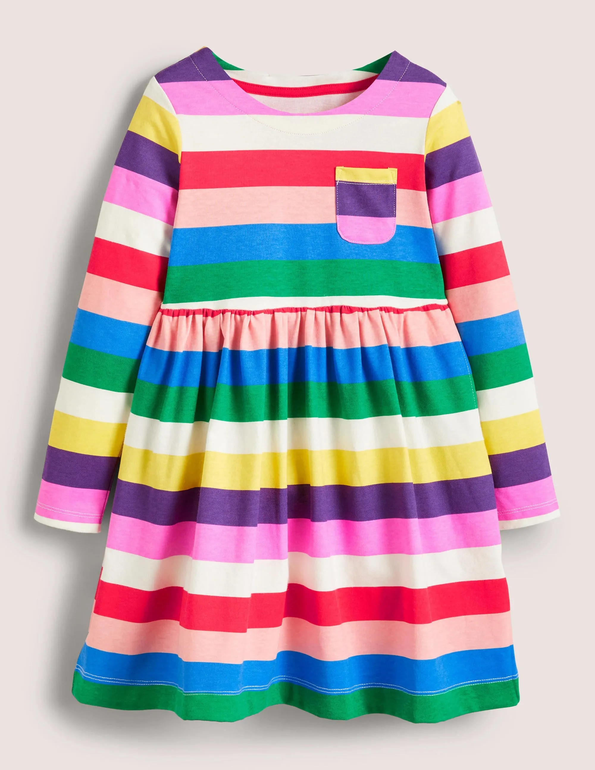 Long Sleeve Fun Jersey Dress-Multi Rainbow Stripe