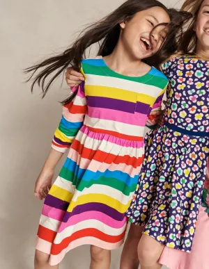 Long Sleeve Fun Jersey Dress-Multi Rainbow Stripe